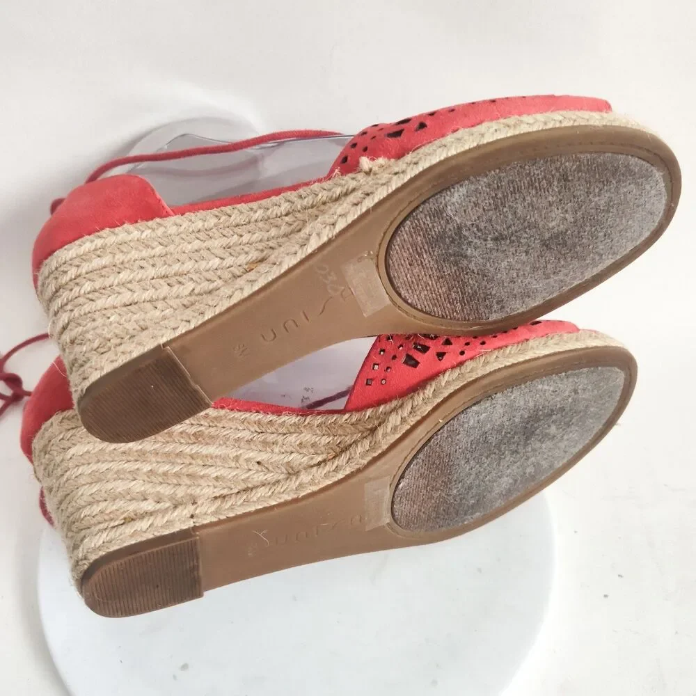Unisa Red Laser Cut Women's Sandals Size 8 Espadrille‎ Wedge Open Toe Ankle Tie